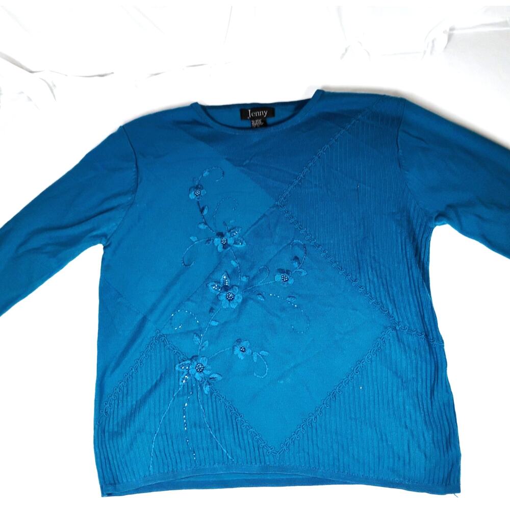 Jenny Womens Teal Floral Embroidered Beaded Mixed Knit Sweater XL